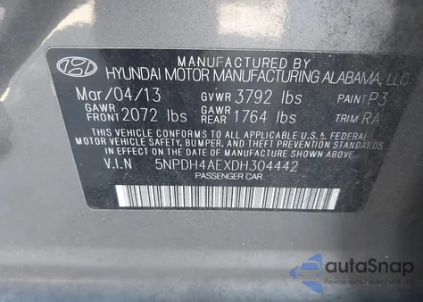2013 Hyundai Elantra Gls from USA, damaged, VIN 5NPDH4AEXDH304442